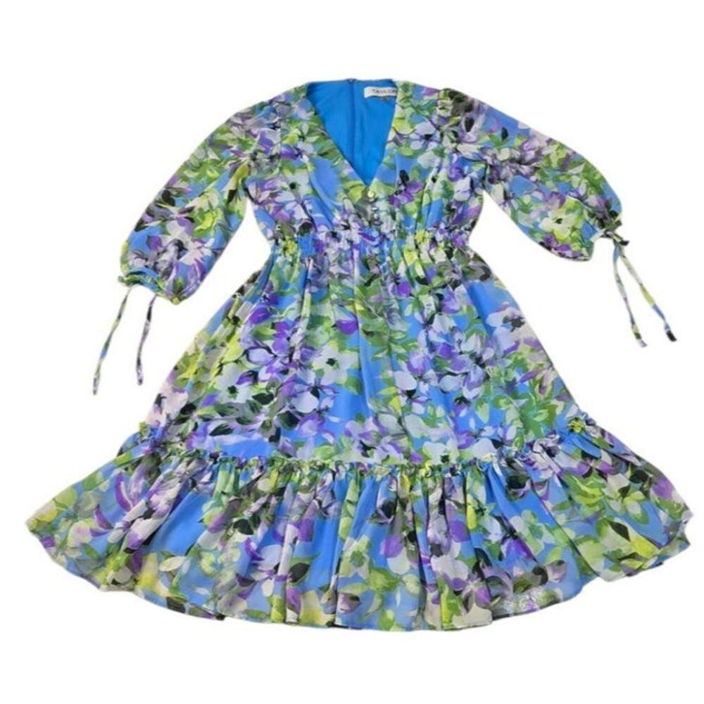 Taylor Blue Floral Print Chiffon Knee Length Mini Dress 6 Faux Covered Buttons